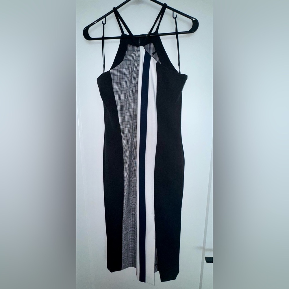 RACHEL Rachel Roy Black and White Halter Sheath Midi Dress